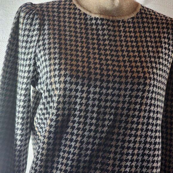 Ann Taylor Black Tan Metallic Houndstooth Mock Neck Cotton Poly Modal Sweater M - Picture 4 of 16